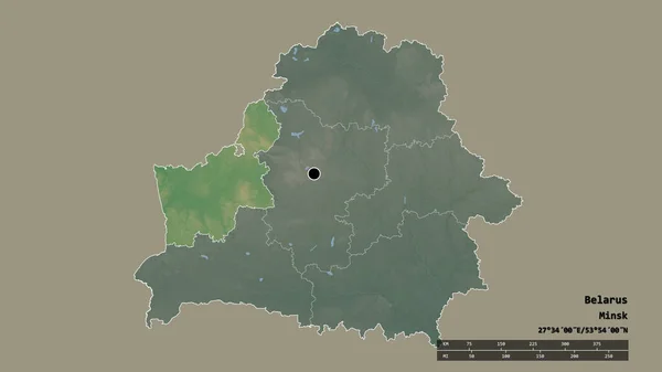 主要な地域部門と分離されたHrodna領域を持つベラルーシの荒廃した形 ラベル 地形図 3Dレンダリング — ストック写真