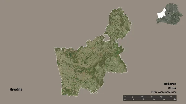 白俄罗斯Hrodna地区的形状 其首都在坚实的背景下与世隔绝 距离尺度 区域预览和标签 卫星图像 3D渲染 — 图库照片