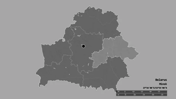 以首都 主要区域分部和分离的Mahilyow地区为首都的白俄罗斯的绝望面貌 Bilevel高程图 3D渲染 — 图库照片