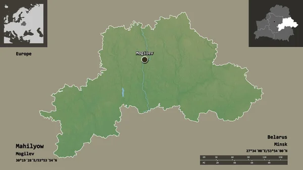 白俄罗斯地区Mahilyow的形状及其首都 距离刻度 预览和标签 地形浮雕图 3D渲染 — 图库照片