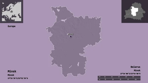 ミンスクの形状 ベラルーシの地域 およびその首都 距離スケール プレビューおよびラベル 色の標高マップ 3Dレンダリング — ストック写真
