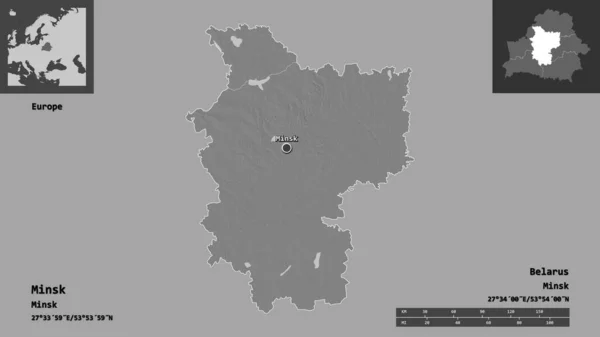 ミンスクの形状 ベラルーシの地域 およびその首都 距離スケール プレビューおよびラベル 標高マップ 3Dレンダリング — ストック写真