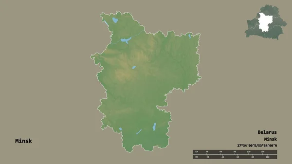 ベラルーシの地域であるミンスクの形状は その資本がしっかりとした背景に隔離されています 距離スケール リージョンプレビュー およびラベル 地形図 3Dレンダリング — ストック写真