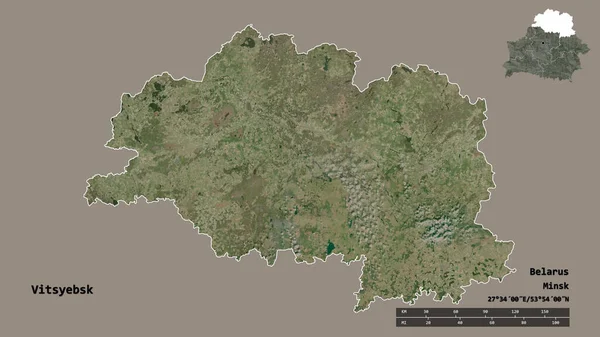 白俄罗斯Vitsyebsk地区的形状 其首都在坚实的背景下与世隔绝 距离尺度 区域预览和标签 卫星图像 3D渲染 — 图库照片