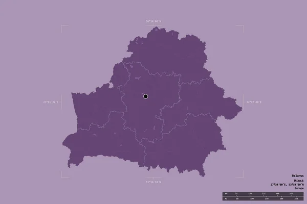 白俄罗斯的一个区域在一个地理参照框的坚实背景上被隔离 主要区域分部 距离标度 彩色高程图 3D渲染 — 图库照片