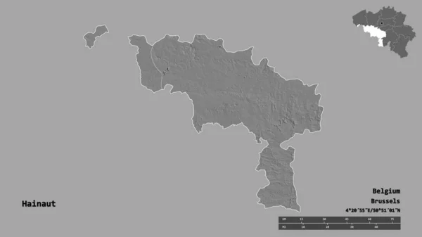 Form Hainaut Provinsen Belgien Med Huvudstaden Isolerad Solid Bakgrund Avståndsskala — Stockfoto
