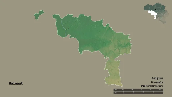Form Hainaut Provinsen Belgien Med Huvudstaden Isolerad Solid Bakgrund Avståndsskala — Stockfoto
