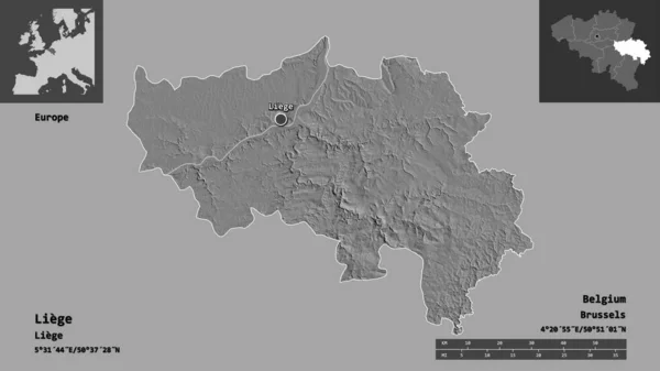 ベルギーの首都リエージュ県の形状 距離スケール プレビューおよびラベル 標高マップ 3Dレンダリング — ストック写真