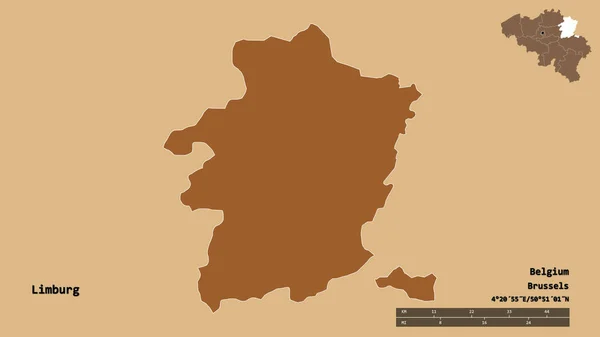 比利时林堡的形状 其首都在坚实的背景下与世隔绝 距离尺度 区域预览和标签 图形纹理的组成 3D渲染 — 图库照片