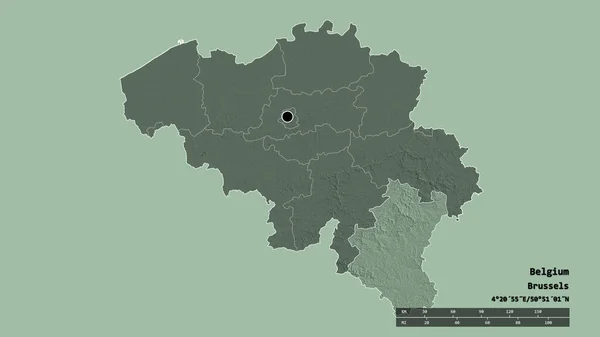 Desaturated shape of Belgium with its capital, main regional division and the separated Luxembourg area. Labels. Colored elevation map. 3D rendering