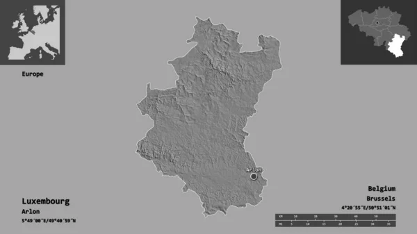 ルクセンブルク ベルギーの州とその首都の形状 距離スケール プレビューおよびラベル 標高マップ 3Dレンダリング — ストック写真