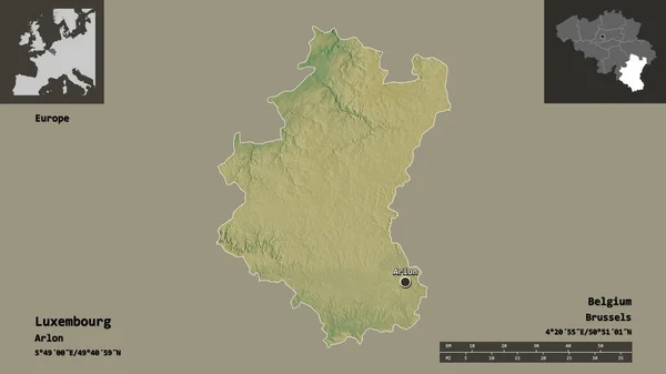 卢森堡的形状 比利时的省 以及它的首都 距离刻度 预览和标签 地形浮雕图 3D渲染 — 图库照片