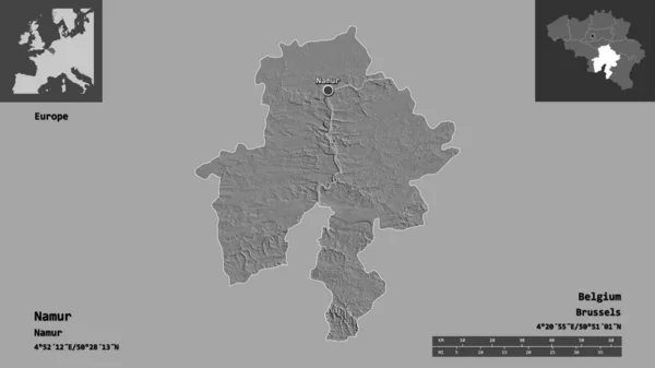 ベルギーのナミュール県とその首都の形 距離スケール プレビューおよびラベル 標高マップ 3Dレンダリング — ストック写真