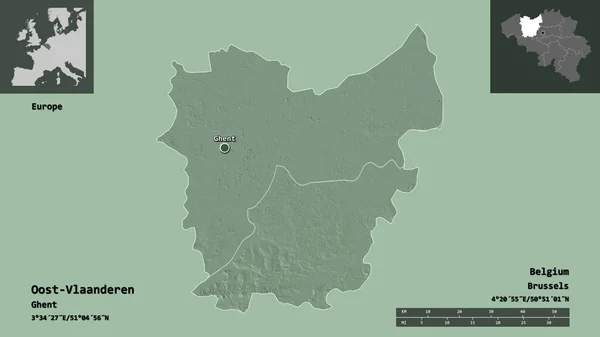 ベルギーの州であるOost Vranderenとその首都の形 距離スケール プレビューおよびラベル 色の標高マップ 3Dレンダリング — ストック写真