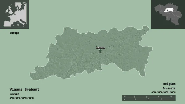 ベラム ブラバント州 ベルギー州 およびその首都の形状 距離スケール プレビューおよびラベル 色の標高マップ 3Dレンダリング — ストック写真