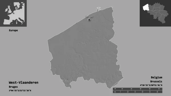 ベルギーの州である西ウラジャンデン州とその首都の形 距離スケール プレビューおよびラベル 標高マップ 3Dレンダリング — ストック写真