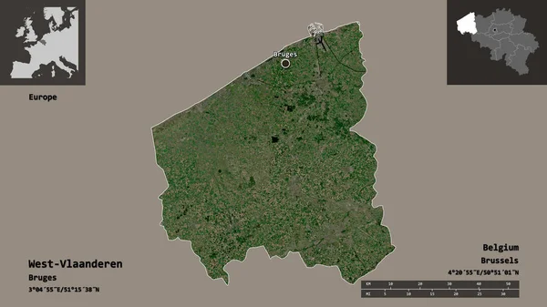 Form Västra Vlaanderen Provinsen Belgien Och Dess Huvudstad Avståndsskala Förhandsvisningar — Stockfoto