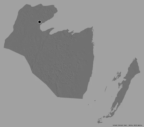 伯利兹Corozal区的形状 其首都以纯色背景隔离 Bilevel高程图 3D渲染 — 图库照片