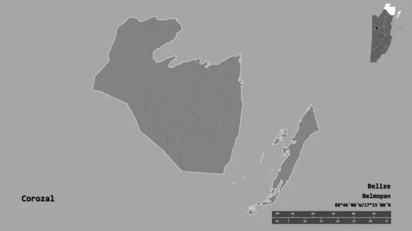 ベリーズの地方であるコロザルの形で その首都はしっかりとした背景に隔離されています 距離スケール リージョンプレビュー およびラベル 標高マップ 3Dレンダリング — ストック写真