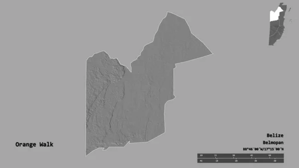 伯利兹地区橙色步行的形状 其首都被坚实的背景隔离 距离尺度 区域预览和标签 Bilevel高程图 3D渲染 — 图库照片