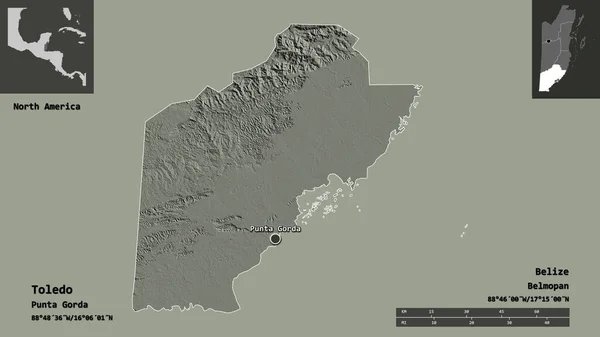 Forme Tolède District Belize Capitale Échelle Distance Aperçus Étiquettes Carte — Photo