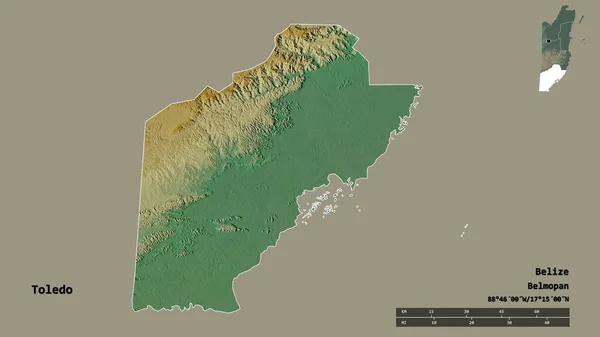 伯利兹托莱多地区的形状 其首都在坚实的背景下与世隔绝 距离尺度 区域预览和标签 地形浮雕图 3D渲染 — 图库照片