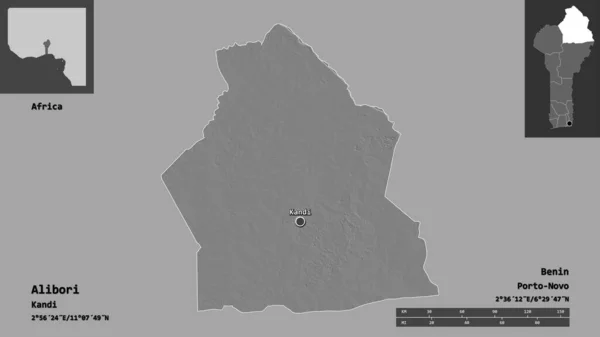アリ堀の形状 ベナンの部門とその首都 距離スケール プレビューおよびラベル 標高マップ 3Dレンダリング — ストック写真