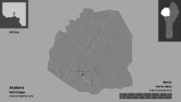 贝宁省Atakora的形状及其首都 距离刻度 预览和标签 Bilevel高程图 3D渲染 — 图库照片