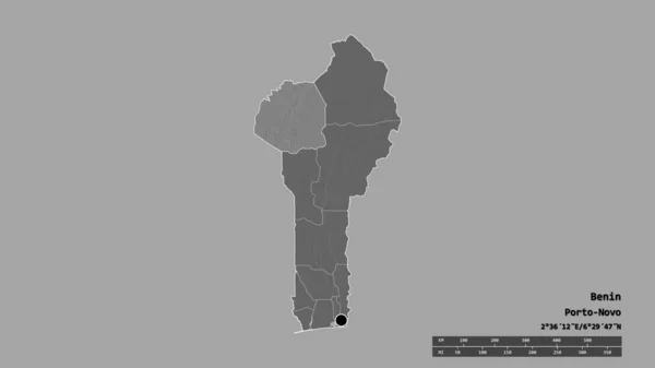 その首都 主要な地域部門と分離Atakora地域とベナンの荒廃した形 ラベル 標高マップ 3Dレンダリング — ストック写真