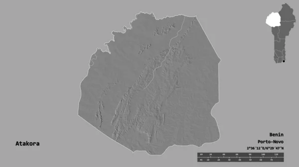 贝宁省Atakora的形状 其首都在坚实的背景下与世隔绝 距离尺度 区域预览和标签 Bilevel高程图 3D渲染 — 图库照片