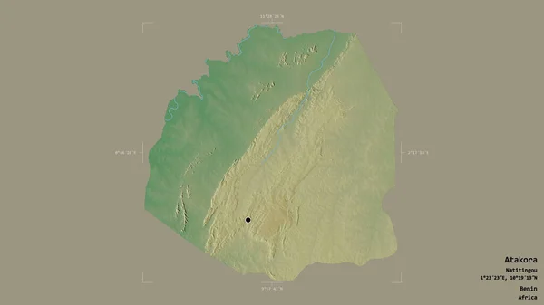 ベニン省のアタコラのエリアは 洗練された境界ボックス内のしっかりとした背景に隔離されています ラベル 地形図 3Dレンダリング — ストック写真