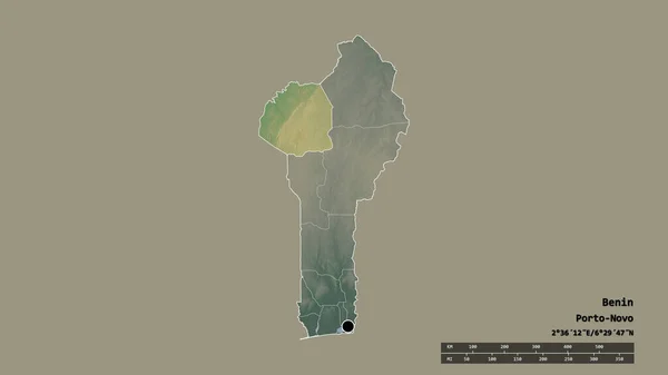 その首都 主要な地域部門と分離Atakora地域とベナンの荒廃した形 ラベル 地形図 3Dレンダリング — ストック写真