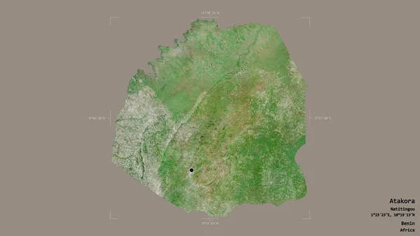 ベニン省のアタコラのエリアは 洗練された境界ボックス内のしっかりとした背景に隔離されています ラベル 衛星画像 3Dレンダリング — ストック写真