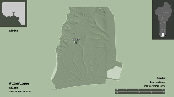贝宁省的大西洋形状及其首都 距离刻度 预览和标签 彩色高程图 3D渲染 — 图库照片