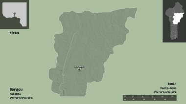 Borgou 'nun şekli, Benin Bölümü ve başkenti. Uzaklık ölçeği, ön gösterimler ve etiketler. Renkli yükseklik haritası. 3B görüntüleme