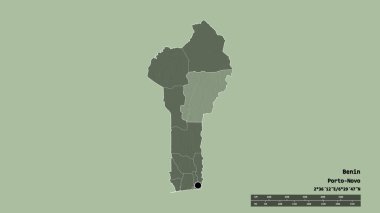 Başkenti, ana bölgesel bölümü ve ayrılmış Borgou bölgesiyle Benin 'in dejenere edilmiş şekli. Etiketler. Renkli yükseklik haritası. 3B görüntüleme