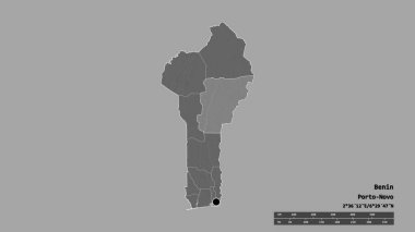 Başkenti, ana bölgesel bölümü ve ayrılmış Borgou bölgesiyle Benin 'in dejenere edilmiş şekli. Etiketler. Çift seviyeli yükseklik haritası. 3B görüntüleme