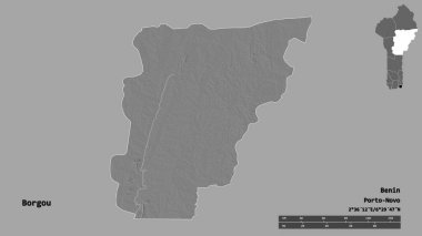 Borgou 'nun şekli, Benin Bölümü, sermayesi sağlam arka planda izole edilmiş. Uzaklık ölçeği, bölge önizlemesi ve etiketleri. Çift seviyeli yükseklik haritası. 3B görüntüleme