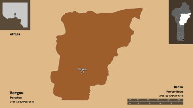 Borgou 'nun şekli, Benin Bölümü ve başkenti. Uzaklık ölçeği, ön gösterimler ve etiketler. Desenli dokuların bileşimi. 3B görüntüleme