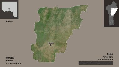 Borgou 'nun şekli, Benin Bölümü ve başkenti. Uzaklık ölçeği, ön gösterimler ve etiketler. Uydu görüntüleri. 3B görüntüleme