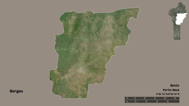 Borgou 'nun şekli, Benin Bölümü, sermayesi sağlam arka planda izole edilmiş. Uzaklık ölçeği, bölge önizlemesi ve etiketleri. Uydu görüntüleri. 3B görüntüleme