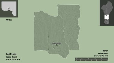 Collines 'in şekli, Benin Bölümü ve başkenti. Uzaklık ölçeği, ön gösterimler ve etiketler. Renkli yükseklik haritası. 3B görüntüleme