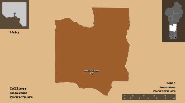 Collines 'in şekli, Benin Bölümü ve başkenti. Uzaklık ölçeği, ön gösterimler ve etiketler. Desenli dokuların bileşimi. 3B görüntüleme