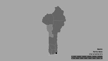 Başkenti, ana bölgesel bölümü ve ayrılmış Donga bölgesi ile Benin 'in dejenere edilmiş şekli. Etiketler. Çift seviyeli yükseklik haritası. 3B görüntüleme