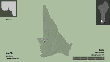 Kouffo 'nun şekli, Benin Bölümü ve başkenti. Uzaklık ölçeği, ön gösterimler ve etiketler. Renkli yükseklik haritası. 3B görüntüleme