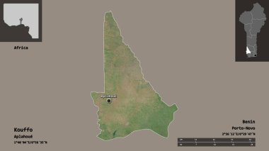 Kouffo 'nun şekli, Benin Bölümü ve başkenti. Uzaklık ölçeği, ön gösterimler ve etiketler. Uydu görüntüleri. 3B görüntüleme