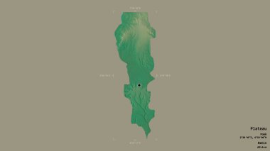 Plato bölgesi, Benin departmanı, jeoreferatlı bir sınır kutusunda sağlam bir arka planda izole edilmiş. Etiketler. Topografik yardım haritası. 3B görüntüleme