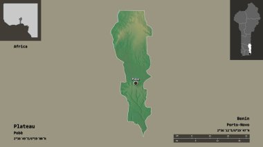 Platonun şekli, Benin Bölümü ve başkenti. Uzaklık ölçeği, ön gösterimler ve etiketler. Topografik yardım haritası. 3B görüntüleme