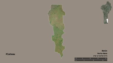 Platonun şekli, Benin Bölümü, sermayesi sağlam arka planda izole edilmiş. Uzaklık ölçeği, bölge önizlemesi ve etiketleri. Uydu görüntüleri. 3B görüntüleme