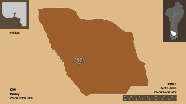 Zou 'nun şekli, Benin Bölümü ve başkenti. Uzaklık ölçeği, ön gösterimler ve etiketler. Desenli dokuların bileşimi. 3B görüntüleme